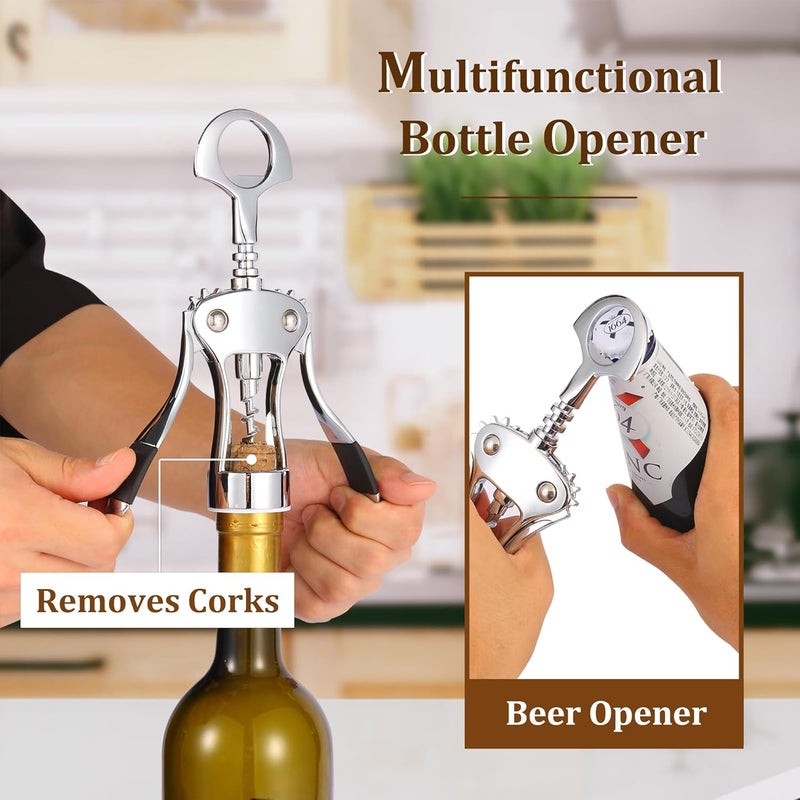 QONYFONE Wine Opener, Premium Zinc Alloy Wing Corkscrew, Heavy Duty Manual Multifunctional Bottle Opener for Kitchen, Restaurant, Bar and Waiters, Silver - Image 3